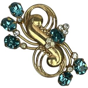 Vintage Art Deco Style Brooch Spray With Aqua Blue & Clear Rhinestones